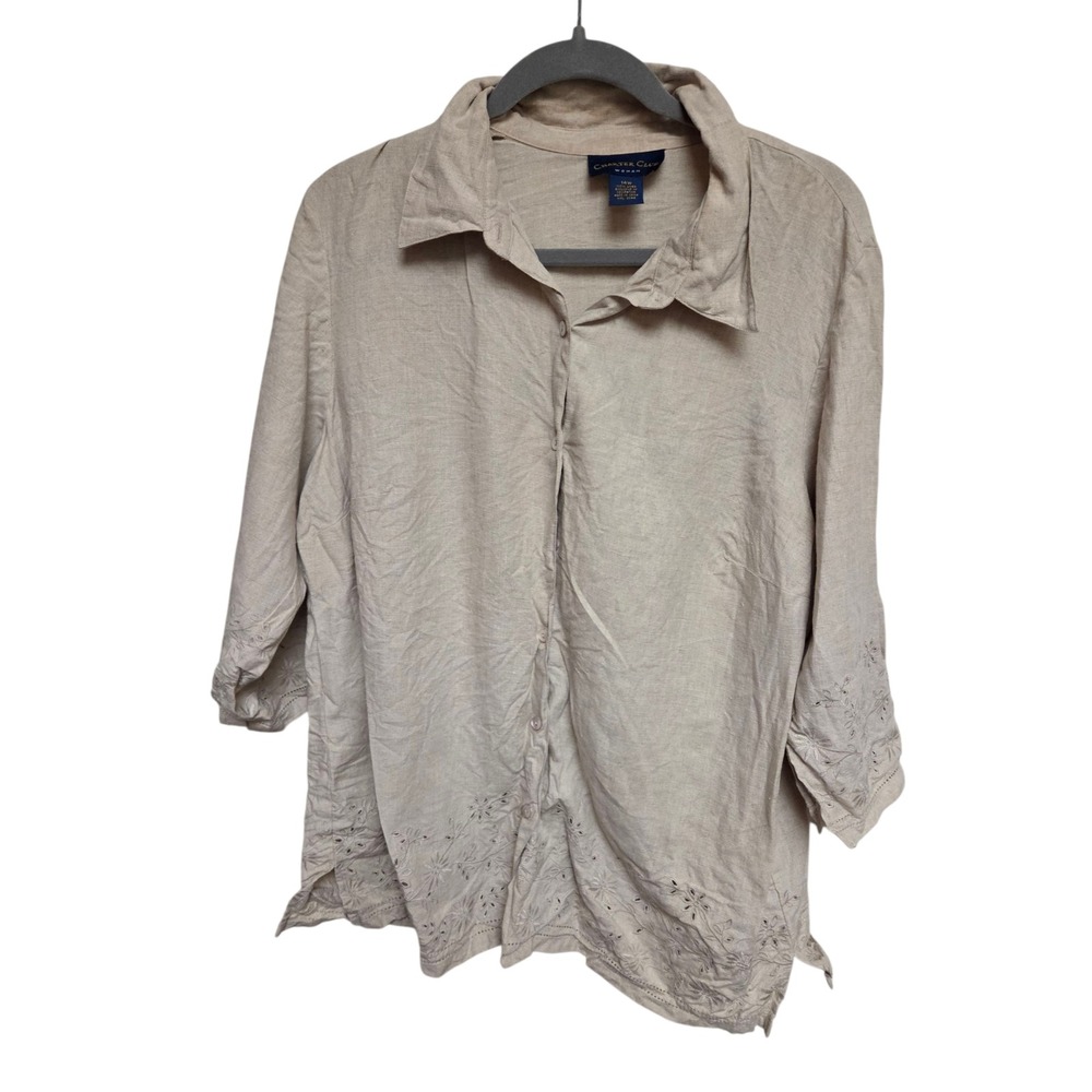 Charter Club Woman Linen Shirt Top Beige 3/4‎ Sleeve Embroidered Plus Size 14W